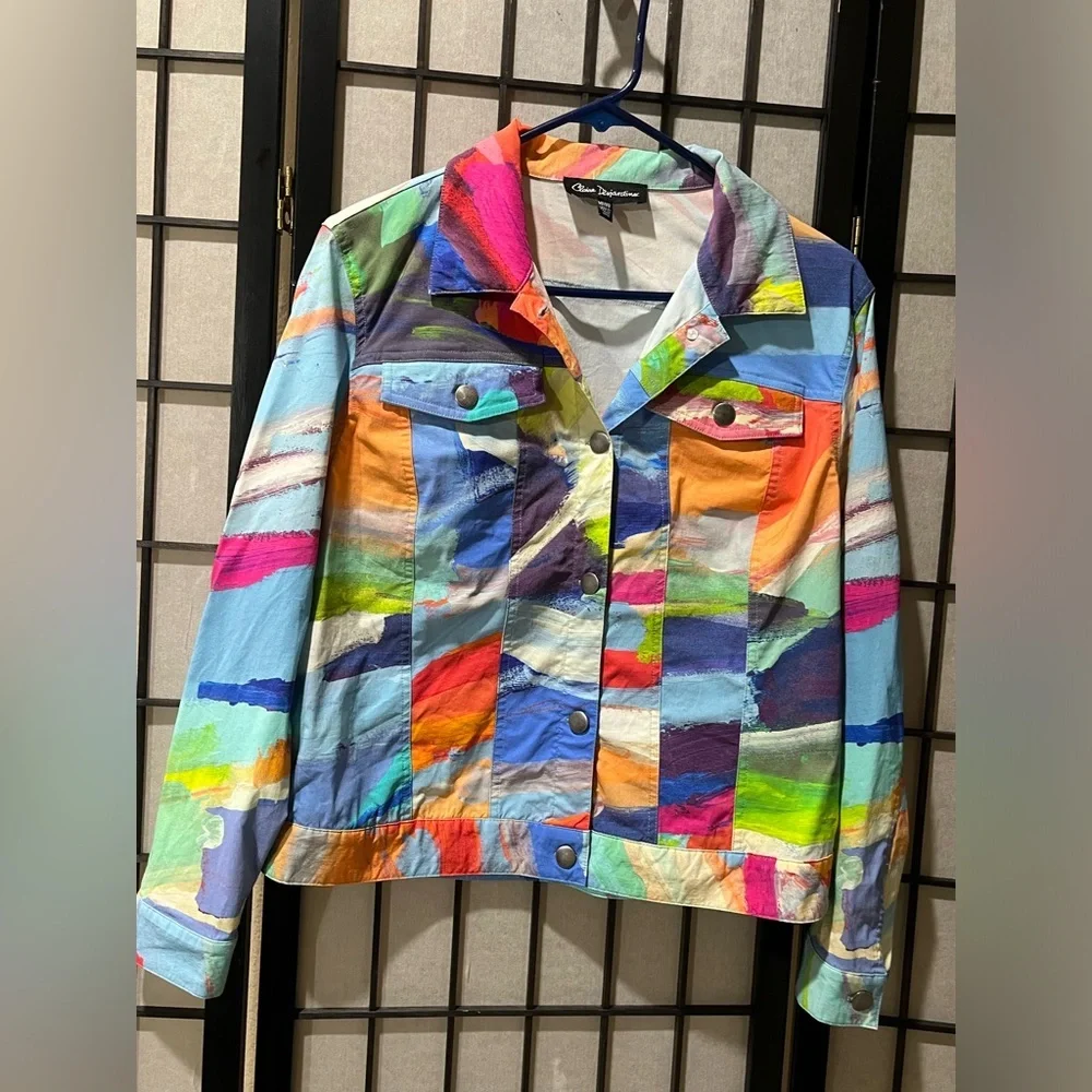 CLAIRE DESJARDINS  Colorful ART Abstract Patchwork Denim Jacket SIZE MP